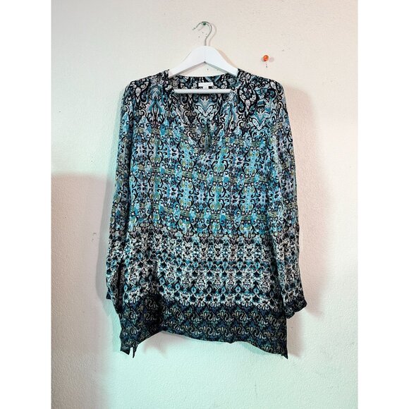 J.Jill Womens Blue Black Paisley Floral Long Sleeve Tunic Blouse Medium Boho - Picture 1 of 9